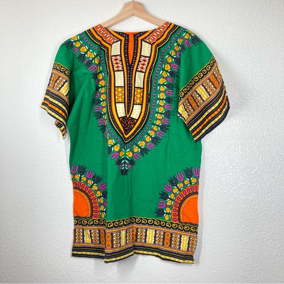 Dashiki Shirt African Print Large Green Short Sleeves Unisex top Festival - Picture 11 of 13